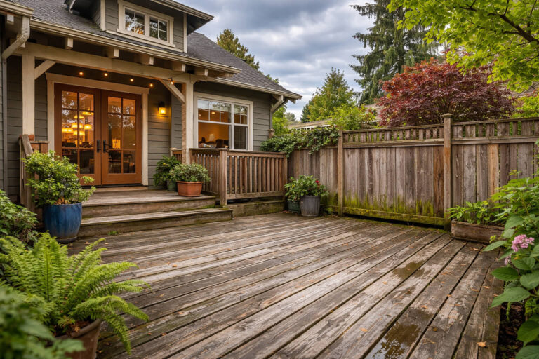 Weathered wooden deck boards showing peeling paint and faded stain outdoors.