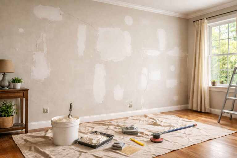 Close-up of a damaged interior wall with cracks and holes needing professional drywall repair before painting.