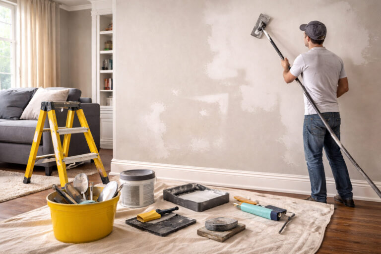 Painter sanding a wall to prepare the surface before applying paint.